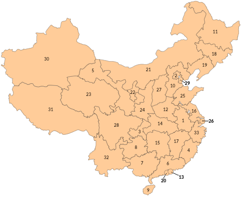 Mapa de China con sus provincias numeradas
